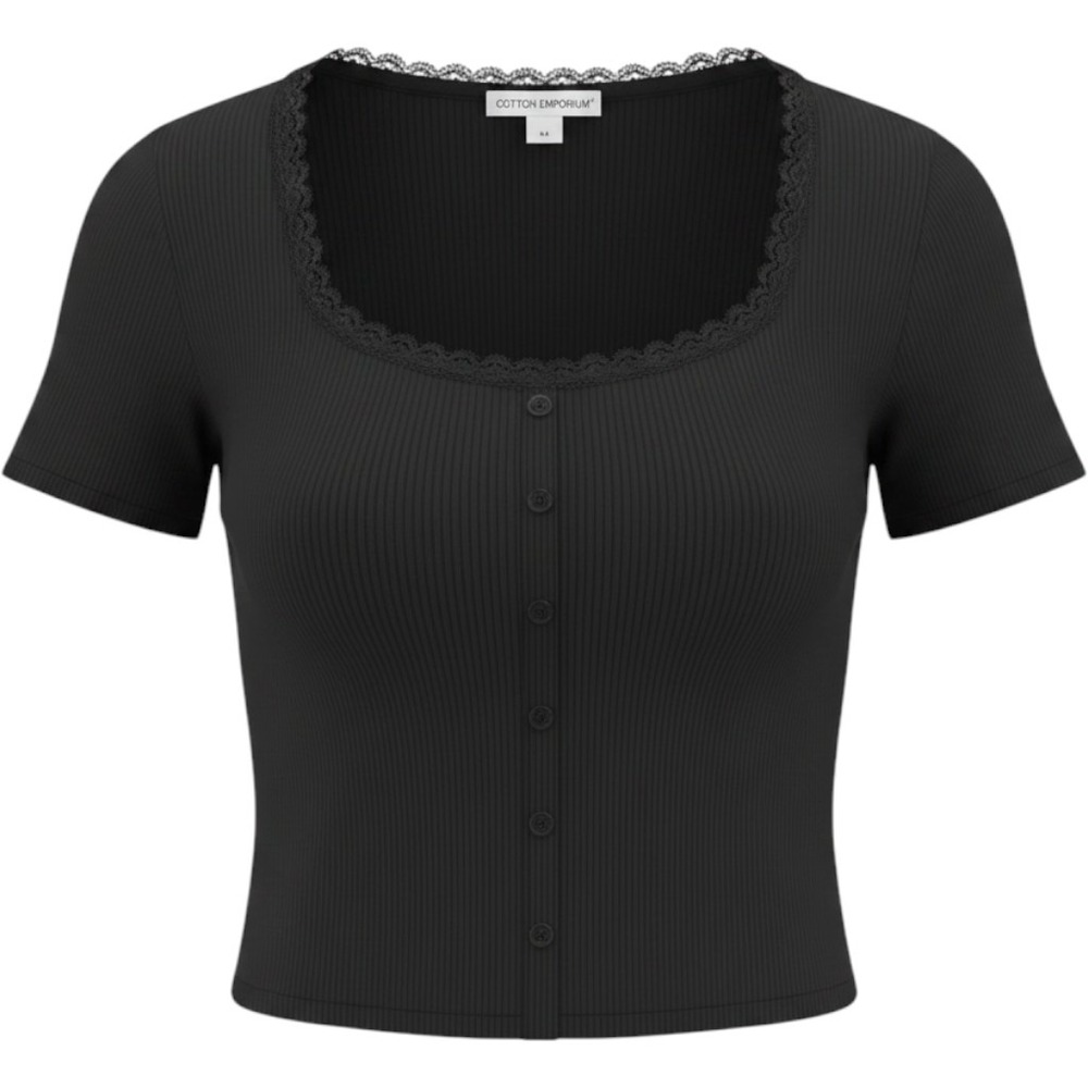 Cotton Emporium Womens Black Ribbed Lace Trim Button Front Crop Top Shirt Size M